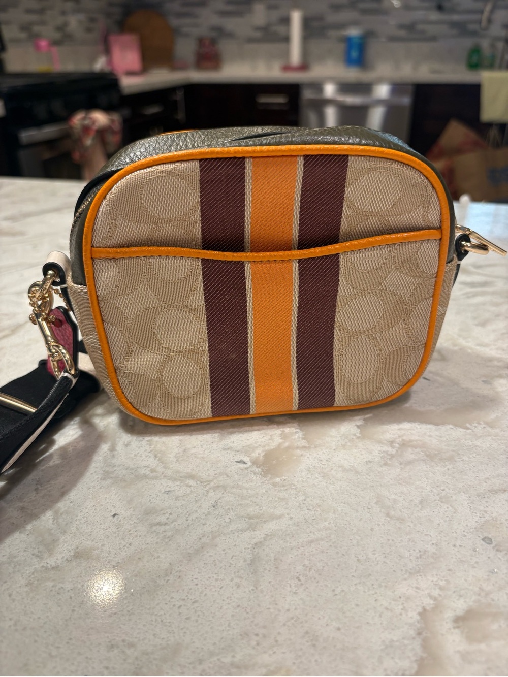 Coach Khaki Signature Canvas Crossbody with Pink Patch & Orange Trim - Picture 2 of 2